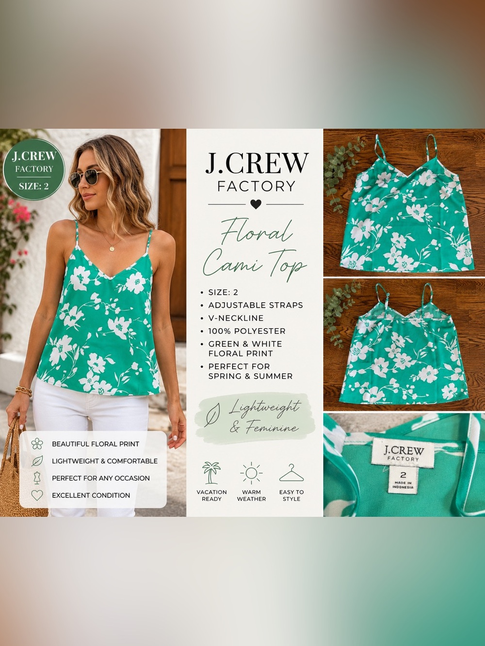 J. Crew Factory Green & White Floral Cami
